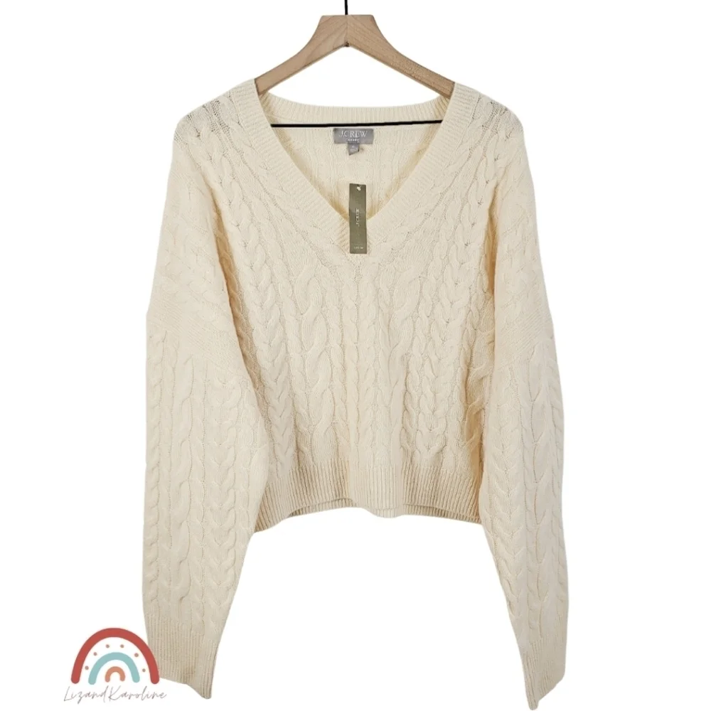 New! J. Crew Cashmere Cropped Cable Knit V-neck Sweater XL